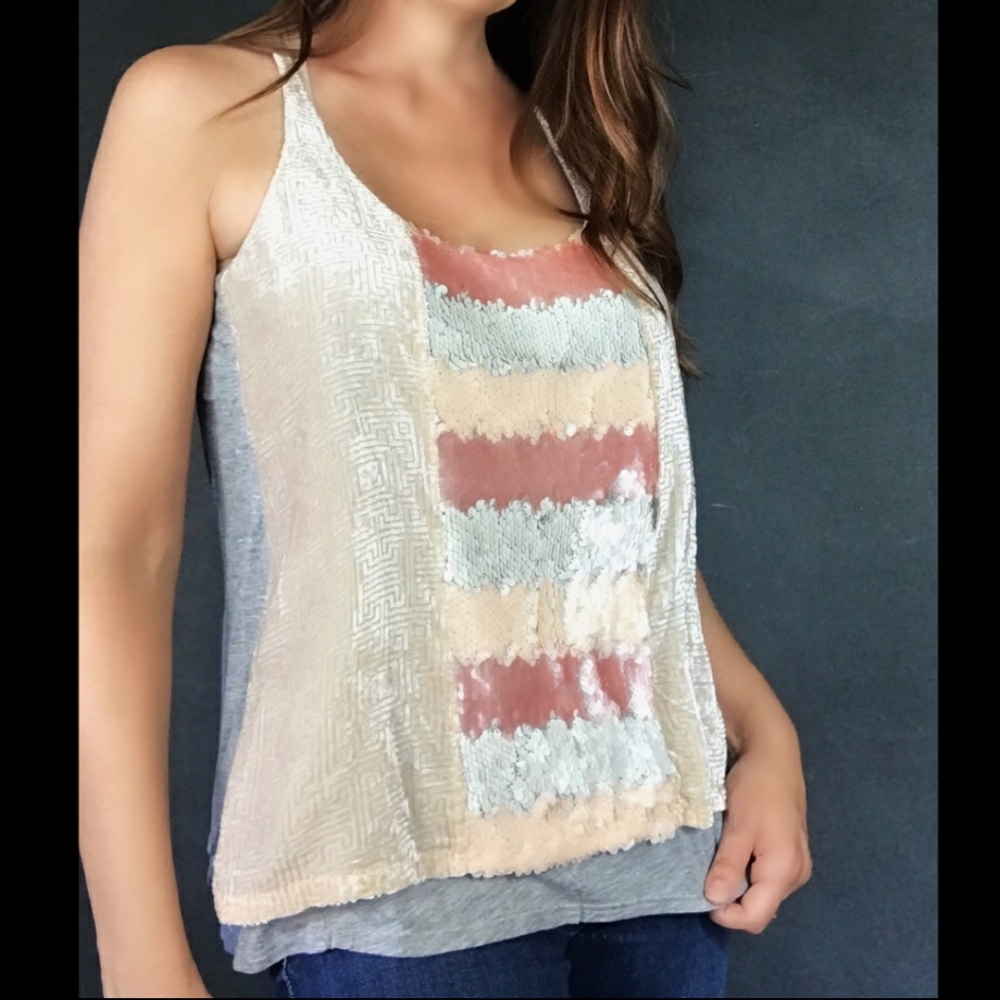Anthropologie Tiny Sleeveless Gray Pink Sequin Top